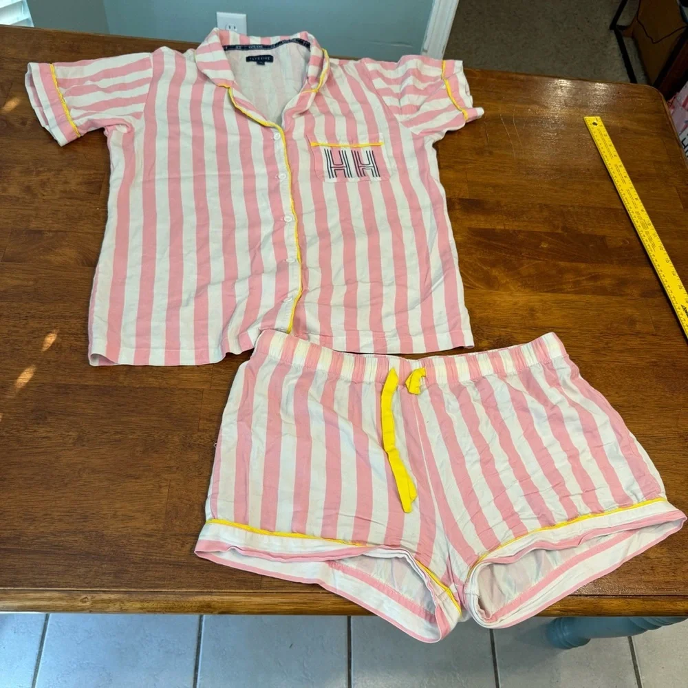 Katie Kime Retro Stripe Pink White Pajama Set Yellow HH on pocket size medium - Picture 1 of 12
